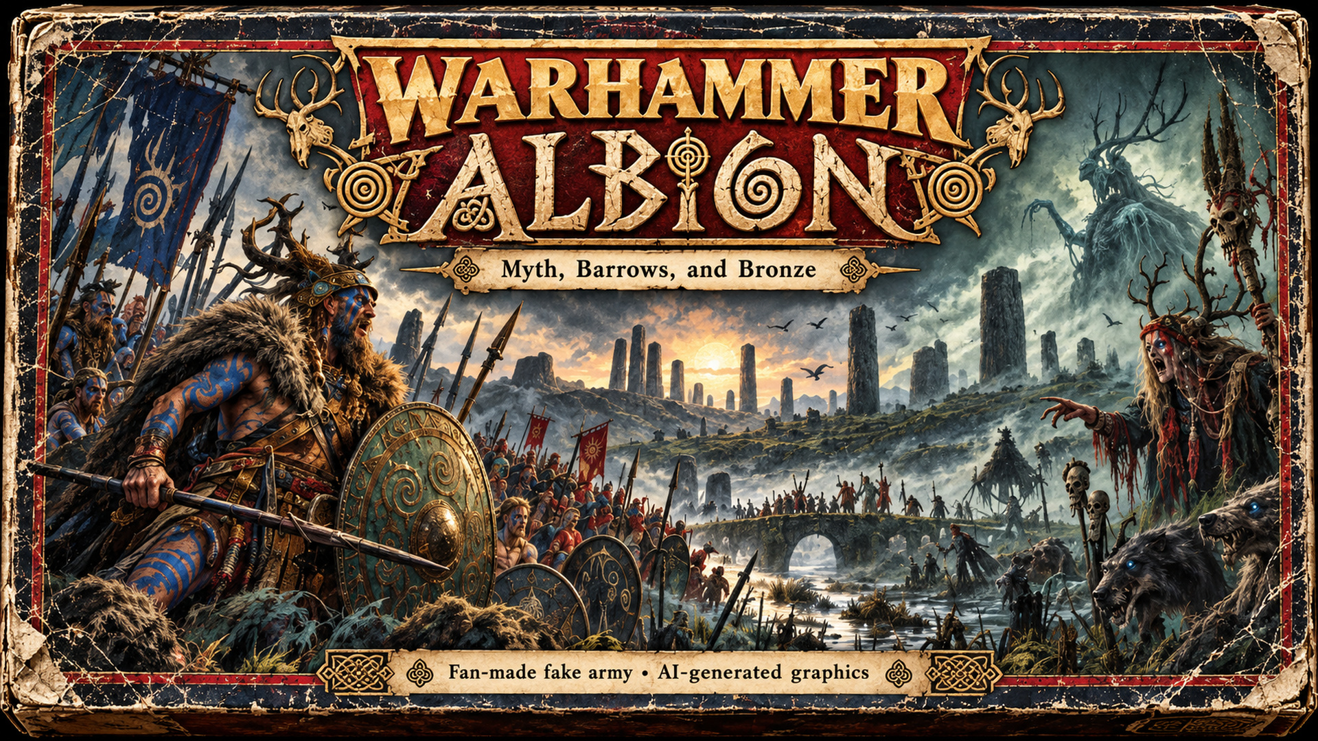 A battered boxed-game lid. Warhammer Albion, Myth, Barrows and Bronze. A woad-painted chieftain in an antlered helm leads a tribal host past standing stones; across the bog a hag with a skull-staff advances with blue-eyed wolves.